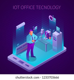 Iot Technology In Break Room Of Business Office Isometric Composition On Dark Background Vector Illustration