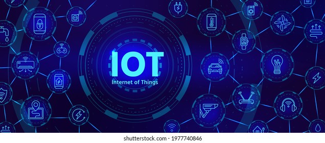 Iot technology. Digital banner for internet of things or smart home device network with icons. Futuristic innovation industry vector concept. Illustration technology digital, electricity and internet