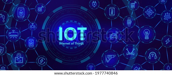 Iot technology. Digital banner for internet of\
things or smart home device network with icons. Futuristic\
innovation industry vector concept. Illustration technology\
digital, electricity and\
internet