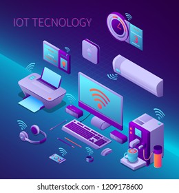 Iot technology isometric composition with office equipment and electronic personal gadgets on gradient background vector illustration