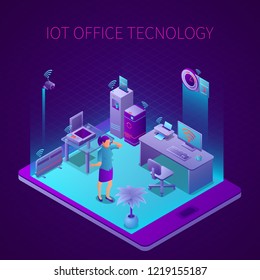 Iot technology at office work space isometric composition on mobile device screen dark background vector illustration