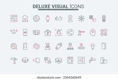 Tecnología IoT, conjunto de iconos de línea de casa inteligente. Acceso seguro y control de aparatos y dispositivos eléctricos Configuraciones con escaneo ocular y huellas dactilares delgadas Ilustración vectorial de símbolos de contorno negro y rojo
