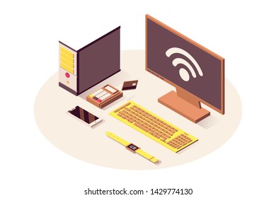 IoT technology vector isometric illustration. Cloud computing service, wifi wireless connection, telecommunication system. Computer, payment terminal, smartphone and smart watch isolated 3d clipart