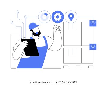 IoT in warehousing abstract concept vector illustration. Smart warehouse worker with tablet using app for stock management, inventory technologies, manufacturing industry abstract metaphor.