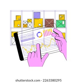 IoT in warehousing isolated cartoon vector illustrations. Smart warehouse worker with tablet using app for stock management, inventory technologies, manufacturing industry vector cartoon.