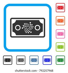 Iota Bank Note icon. Flat grey iconic symbol inside a blue rounded rectangular frame. Black, grey, green, blue, red, orange color versions of iota bank note vector.
