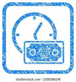 Iota Banknote Credit rubber seal stamp watermark. Icon vector symbol with grunge design and unclean texture inside rounded squared frame. Scratched blue stamp imitation on a white background.