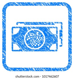 Iota Banknotes rubber seal stamp imitation. Icon vector symbol with grunge design and unclean texture in rounded squared frame. Scratched blue stamp imitation on a white background.