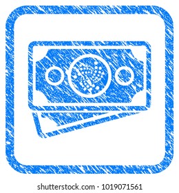 Iota Banknotes rubber seal stamp imitation. Icon vector symbol with grunge design and corrosion texture in rounded rectangle. Scratched blue sticker on a white background.