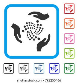 Iota Care Hands icon. Flat grey pictogram symbol in a blue rounded square. Black, grey, green, blue, red, pink color versions of iota care hands vector. Designed for web and app user interface.
