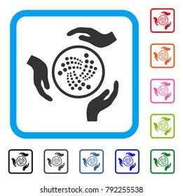 Iota Care Hands icon. Flat grey iconic symbol inside a blue rounded frame. Black, gray, green, blue, red, orange color additional versions of iota care hands vector.
