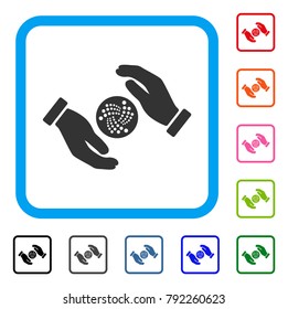 Iota Care Hands icon. Flat gray pictogram symbol inside a blue rounded rectangular frame. Black, grey, green, blue, red, pink color versions of iota care hands vector.