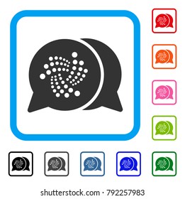 Iota Chat icon. Flat grey pictogram symbol inside a blue rounded rectangle. Black, grey, green, blue, red, orange color additional versions of iota chat vector. Designed for web and app UI.