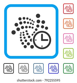 Iota Clock icon. Flat grey iconic symbol inside a blue rounded square. Black, grey, green, blue, red, pink color versions of iota clock vector. Designed for web and app interfaces.