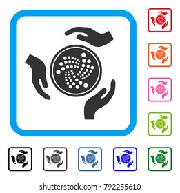 Iota Coin Care Hands icon. Flat gray iconic symbol inside a blue rounded squared frame. Black, grey, green, blue, red, orange color additional versions of iota coin care hands vector.