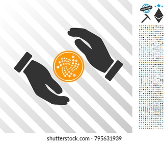 Iota Coin Care Hands icon with 7 hundred bonus bitcoin mining and blockchain pictograms. Vector illustration style is flat iconic symbols design for cryptocurrency websites.