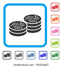 Iota Coin Columns icon. Flat gray pictogram symbol in a blue rounded rectangular frame. Black, gray, green, blue, red, pink color additional versions of iota coin columns vector.