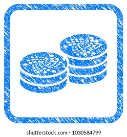 Iota Coin Columns rubber seal stamp watermark. Icon vector symbol with grunge design and dirty texture in rounded square. Scratched blue stamp imitation on a white background.