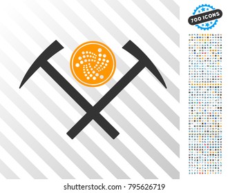 Iota Coin Mining Hammers icon with 7 hundred bonus bitcoin mining and blockchain graphic icons. Vector illustration style is flat iconic symbols design for blockchain software.