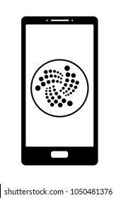 iota coin  on the phone screen, vector icon, black and white design