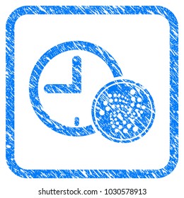 Iota Coin Time rubber seal stamp watermark. Icon vector symbol with grunge design and corrosion texture inside rounded rectangle. Scratched blue sign on a white background.