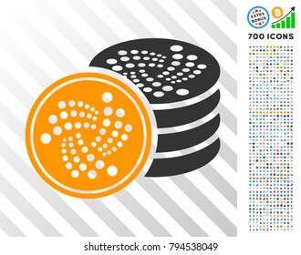 Iota Coins icon with 7 hundred bonus bitcoin mining and blockchain pictographs. Vector illustration style is flat iconic symbols design for bitcoin apps.