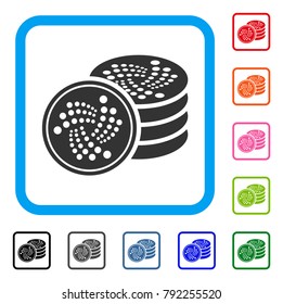 Iota Coins icon. Flat gray pictogram symbol in a blue rounded squared frame. Black, grey, green, blue, red, pink color versions of iota coins vector. Designed for web and software user interface.