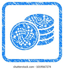 Iota Coins rubber seal stamp watermark. Icon vector symbol with grunge design and unclean texture inside rounded rectangle. Scratched blue stamp imitation on a white background.