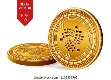 Iota. Crypto currency. 3D isometric Physical coins. Digital currency. Golden coins with Iota symbol isolated on white background. Vector illustration.