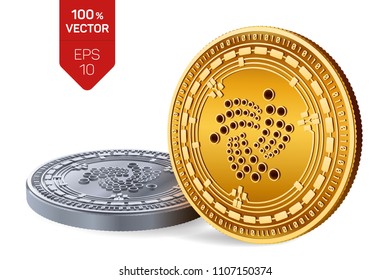 Iota. Crypto currency. 3D isometric Physical coins. Digital currency. Golden and silver coins with Iota symbol isolated on white background. Block chain. Vector illustration.