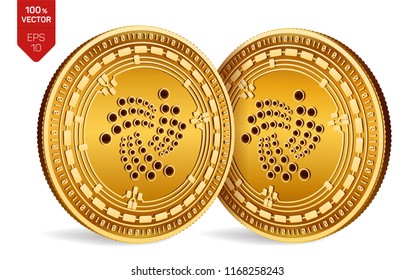 Iota. Crypto currency. 3D isometric Physical coins. Digital currency. Golden coins with Iota symbol isolated on white background. Vector illustration.