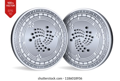 Iota. Crypto currency. 3D isometric Physical coins. Digital currency. Silver coins with Iota symbol isolated on white background. Block chain. Vector illustration.