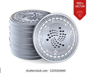 Iota. Crypto currency. 3D isometric Physical coins. Digital currency. Stack of silver coins with Iota symbol isolated on white background. Stock vector illustration.