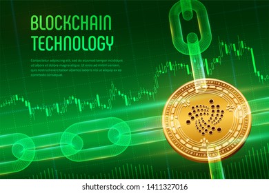 Iota. Crypto currency. Block chain. 3D isometric Physical golden Iota coin with wireframe chain on blue financial background. Blockchain concept. Editable Cryptocurrency template. Vector illustration.