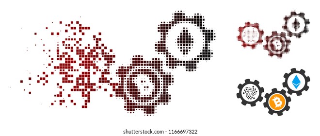 Iota cryptocurrency engine icon in fractured, dotted halftone and undamaged entire variants. Particles are organized into vector dispersed Iota cryptocurrency engine icon.