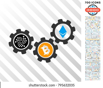 Iota Cryptocurrency Gears pictograph with 700 bonus bitcoin mining and blockchain pictographs. Vector illustration style is flat iconic symbols design for crypto-currency apps.