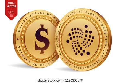 Iota. Dollar coin. 3D isometric Physical coins. Digital currency. Cryptocurrency. Golden coins with Iota and Dollar symbol isolated on white background. Vector illustration.