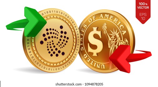 Iota to dollar currency exchange. Iota. Dollar coin. Cryptocurrency. Golden coins with Iota and Dollar symbol with green and red arrows. 3D isometric Physical coins. Vector illustration.