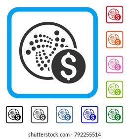 Iota Dollar icon. Flat grey pictogram symbol in a blue rounded rectangular frame. Black, grey, green, blue, red, orange color variants of iota dollar vector. Designed for web and application UI.