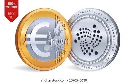 Iota. Euro. Isometric Physical Coins. Digital Currency. Cryptocurrency. Golden And Silver Coins With Iota And Euro Symbol Isolated On White Background. Vector Illustration.