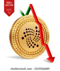 Iota. Fall. Red arrow down. Iota index rating go down on exchange market. Crypto currency. 3D isometric Physical Golden coin isolated on white background. Vector illustration
