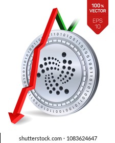 Iota. Fall. Red arrow down. Iota index rating go down on exchange market. Crypto currency. 3D isometric Physical Silver coin isolated on white background. Vector illustration.