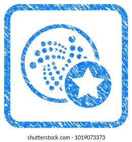 Iota Favourites Star rubber seal stamp watermark. Icon vector symbol with grunge design and corrosion texture inside rounded square. Scratched blue sign on a white background.