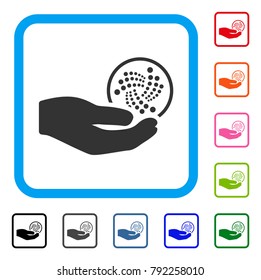 Iota Give Hand icon. Flat gray pictogram symbol inside a blue rounded frame. Black, grey, green, blue, red, orange color versions of iota give hand vector.