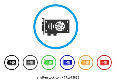 Iota Gpu Card rounded icon. Style is a flat grey symbol inside light blue circle with additional colored versions. Iota Gpu Card vector designed for web and software interfaces.