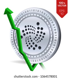 Iota. Growth. Green arrow up. Iota index rating go up on exchange market. Crypto currency. 3D isometric Physical Silver coin isolated on white background. Vector illustration.