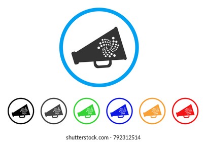 Iota Megaphone rounded icon. Style is a flat grey symbol inside light blue circle with additional color variants. Iota Megaphone vector designed for web and software interfaces.