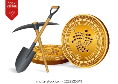 Iota mining concept. 3D isometric Physical bit coin with pickaxe and shovel. Digital currency. Cryptocurrency. Golden Iota coins isolated on white background. Vector illustration.