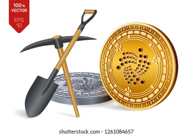 Iota mining concept. 3D isometric Physical bit coin with pickaxe and shovel. Digital currency. Cryptocurrency. Golden and silver Iota coins isolated on white background. Vector illustration.