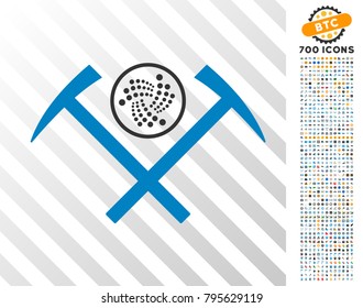 Iota Mining Hammers icon with 7 hundred bonus bitcoin mining and blockchain pictures. Vector illustration style is flat iconic symbols design for crypto currency software.
